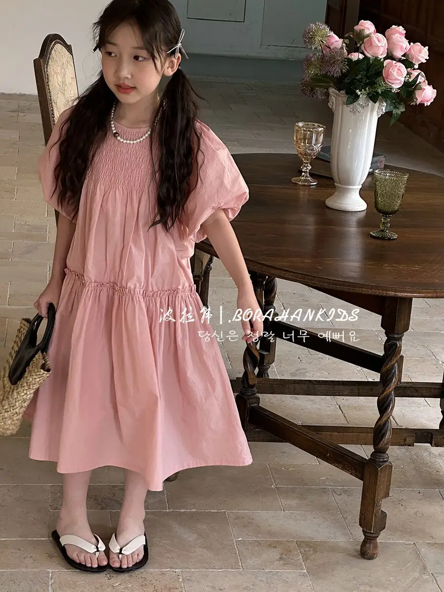 Girls Summer Clothes Bubble Sleeves Fashion Dress 2024 New Summer Childrens Princess Knee-length Dress Pink Trend