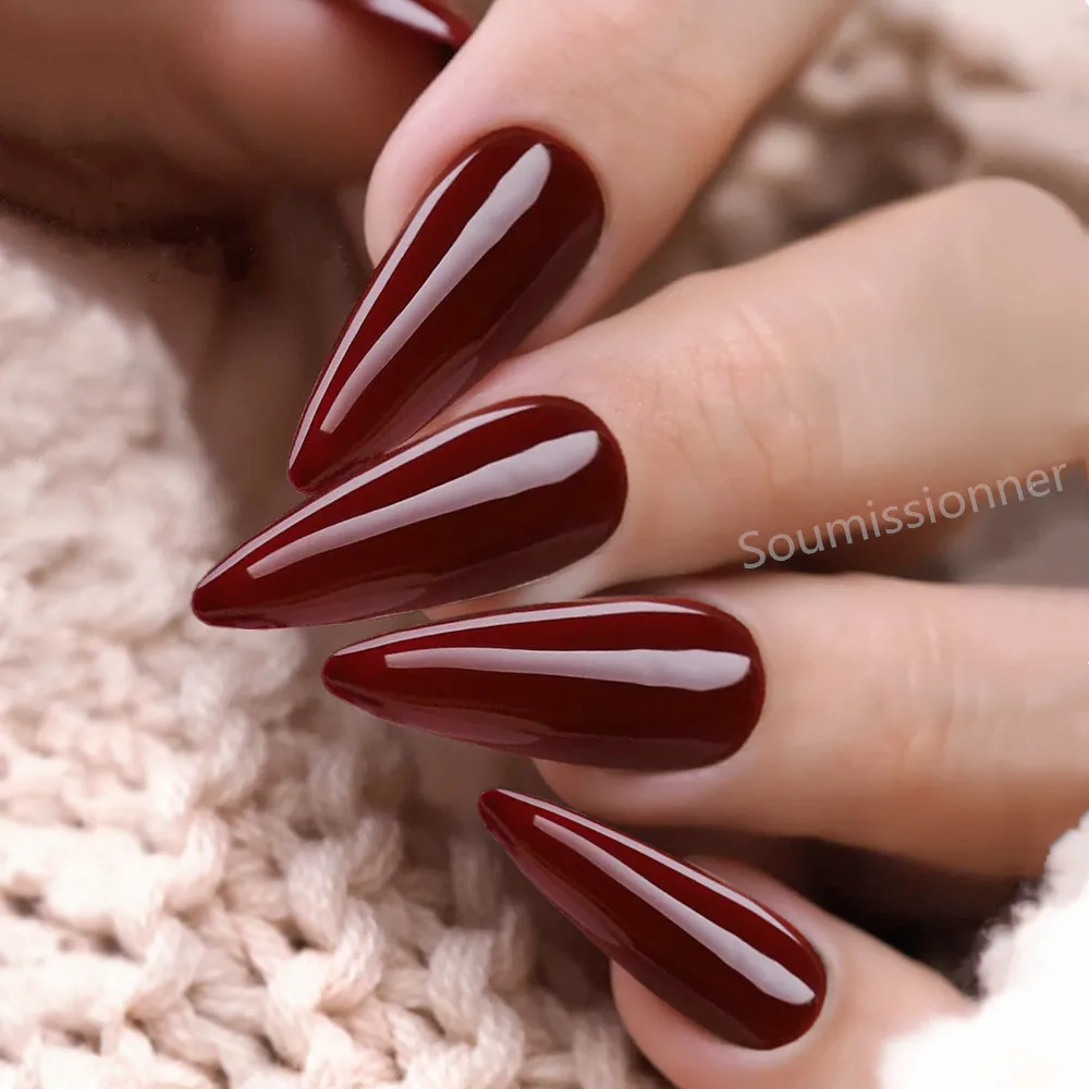 Artificial Press On Nails Red False Nails With Glue Reusable Adhesive Fake Nails Long Stiletto Finger Tips Manicure Tool