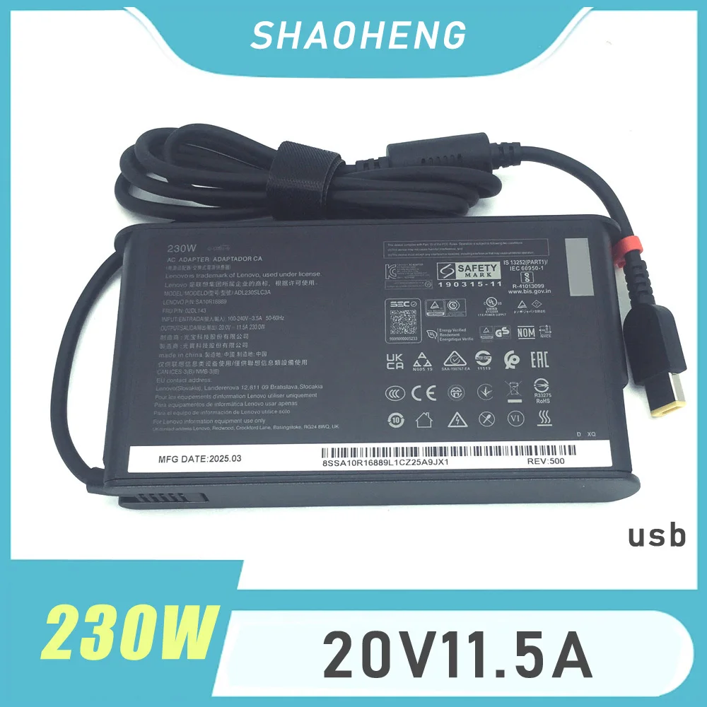 Adaptador de CA original de 20 V, 11,5 A y 230 W con punta delgada para Lenovo Legion 5i Gen 9, Legion Slim 5 Gen 9 (16″ AMD), cargador para portátil
