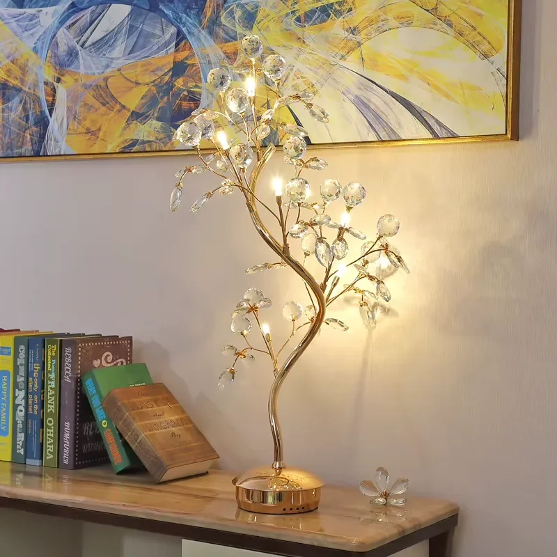 Modern Crystal Table Lamp Nordic Style Decorative Light for Living Room Bedroom Bedside Study Home Interior Flower Design