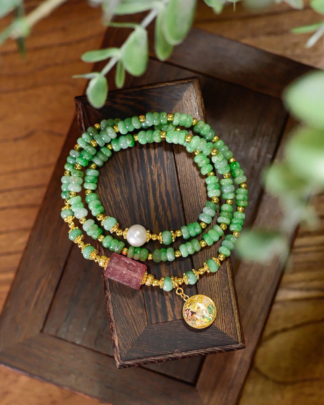 

Natural Grade A Intense Green Jadeite Bracelet - Strawberry Quartz Sugar Cube Carved Greek Key Beads Chinese Stackable Jewelry