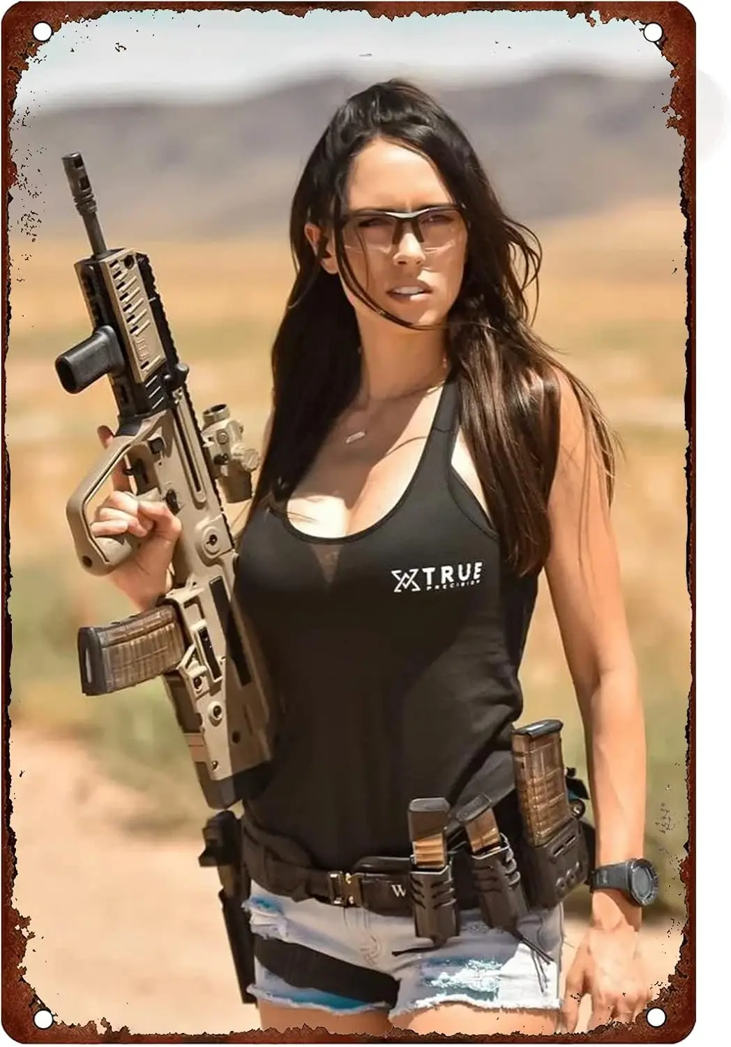 Sexy Hot Girl Metal Signs Vintage Tin Signs Pin Up Girl Military Man Cave Decor Black Straight Haired Girl With A Gun World sign