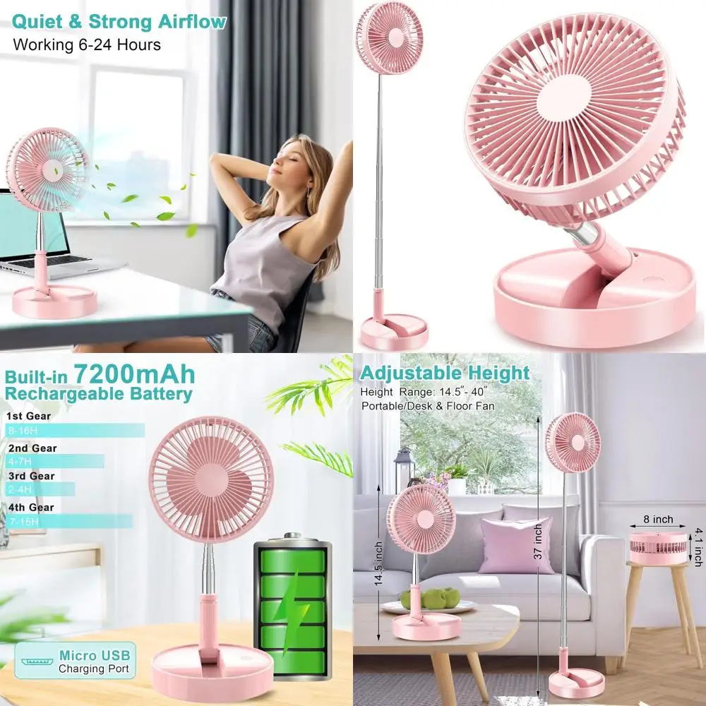 

Портативный складной вентилятор с функцией перезарядки - компактный, для использования на столе и напольный, регулировка 14,5-40 см, аккумулятор 7200 мАч