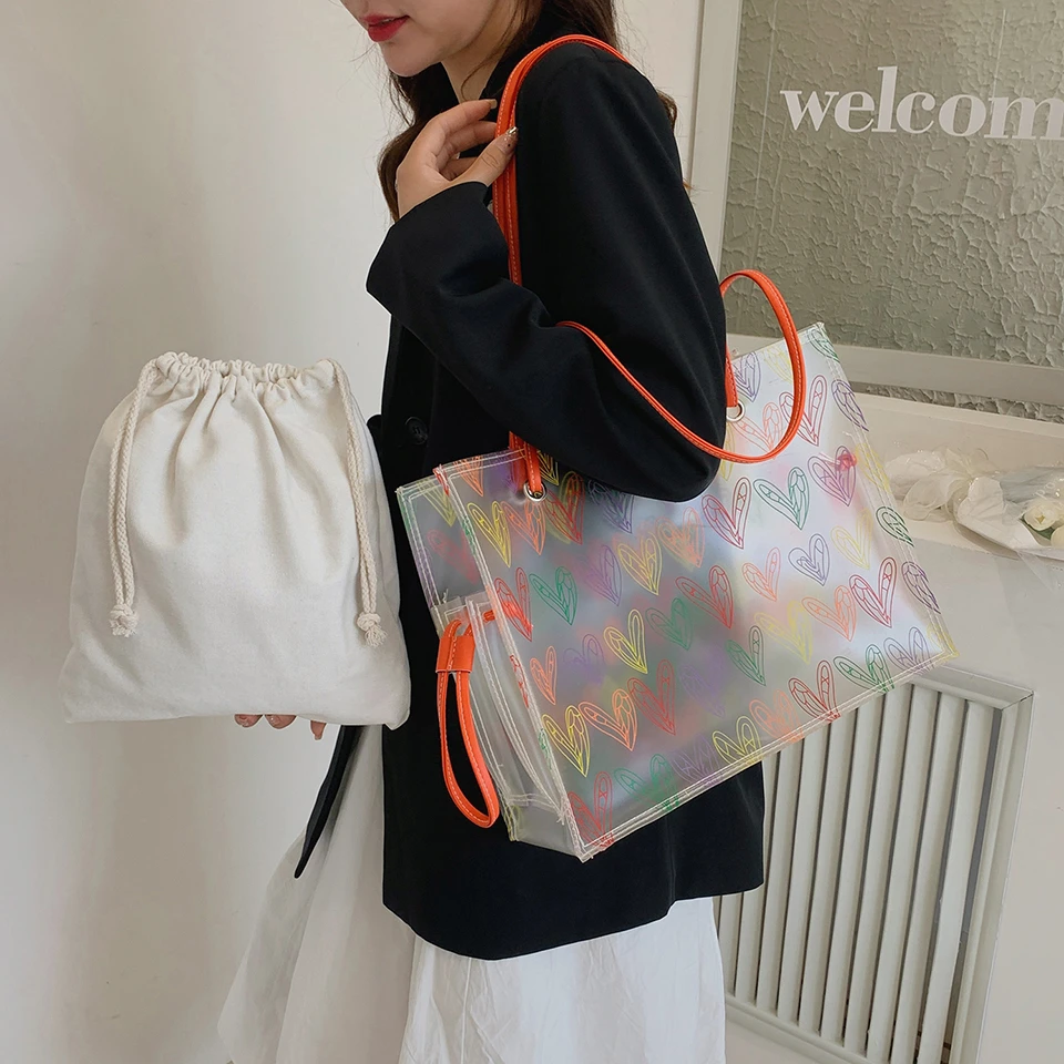 Heart Pattern Transparent Pvc Shoulder Bag Large Capacity 2pieces Composite Tote for Women Summer Clear Waterproof Beach Pouch