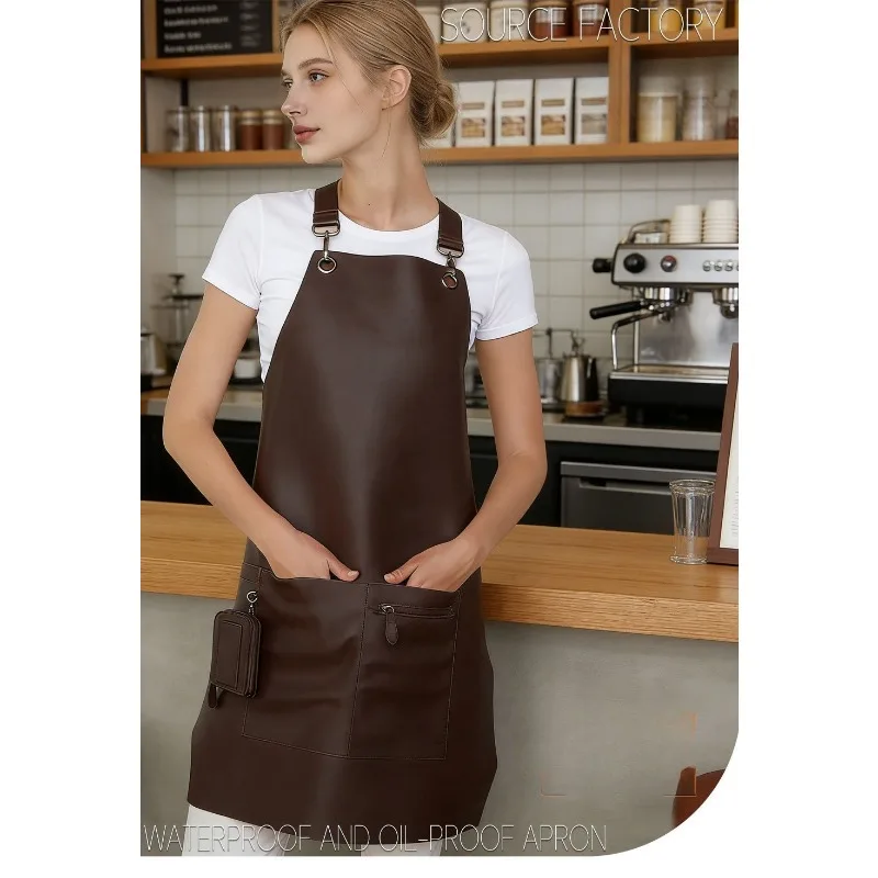 1pcs Matte Soft Wipeable PU Work Apron Metal Buckle Straps Large Storage Pockets For Hair Salon Nail Shop Household Cooking