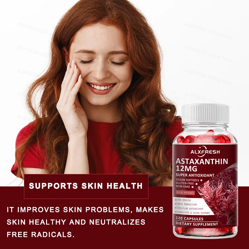 Astaxanthin Capsules For Relieve Eye Fatigue Support Skin Brain Heart Health Improve Concentration and Memory And Delay Aging