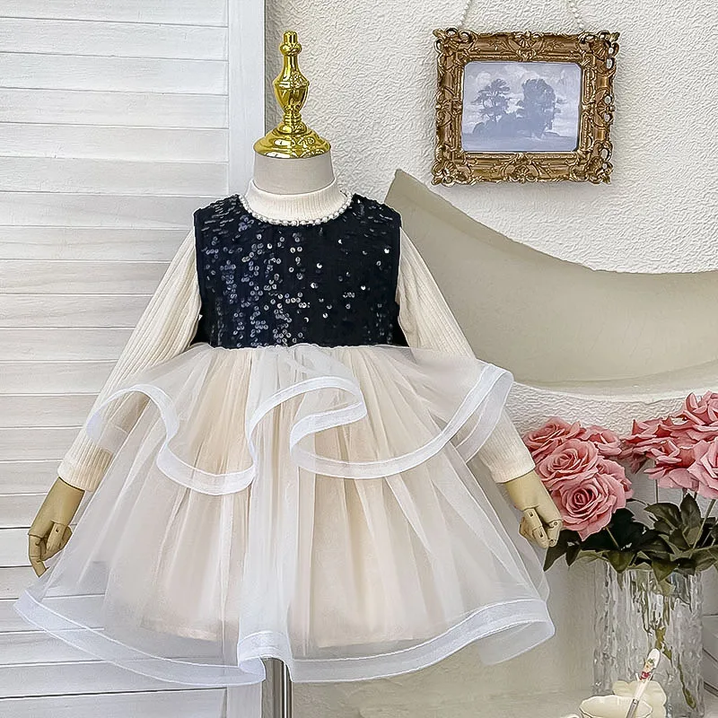 Autumn Kids Girl 2PCS Clothes Set Solid Bottom Tops Shinny Lace Mesh Puffy Birthday Dress Suit Children Girl Princess Dress