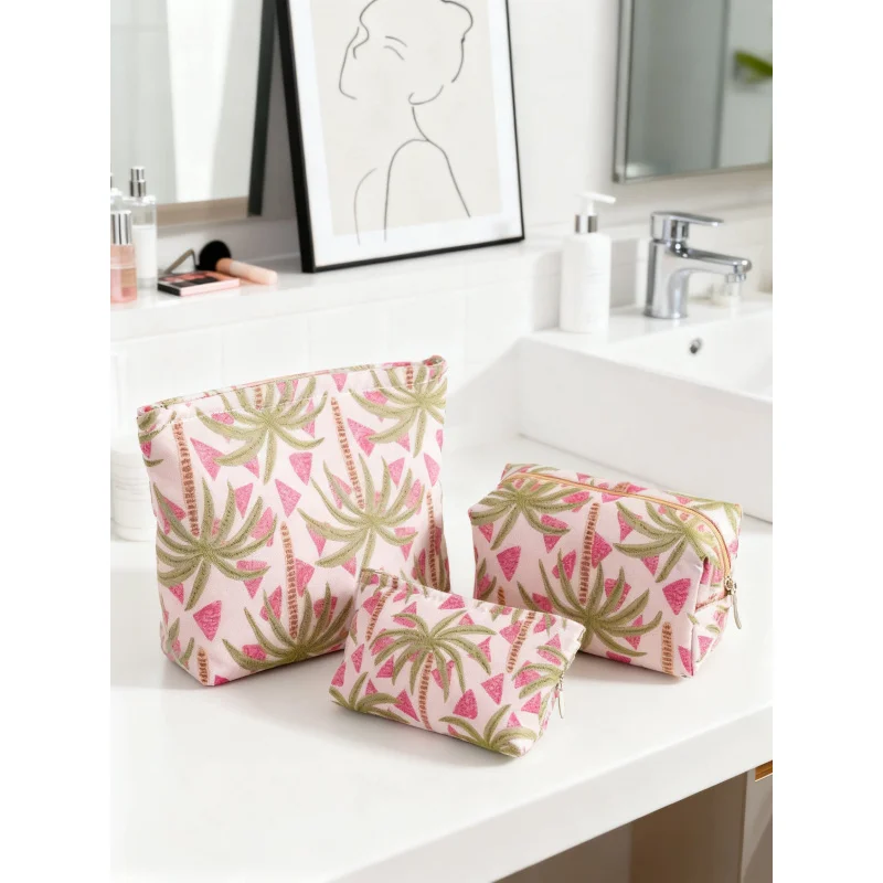 3Pcs/Set Tropical Palm Tree Makeup Bag Women Jacquard Cosmetic Organizer Portable Travel Wash Toiletry Pouch Skincare Storage