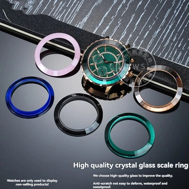 스와 로브 스키 시계 케이스 링에 대 한 37.2mm * 29mm 크리스탈 유리 베젤 삽입 그린 블루 실버 시계 반지 액세서리 교체 부품