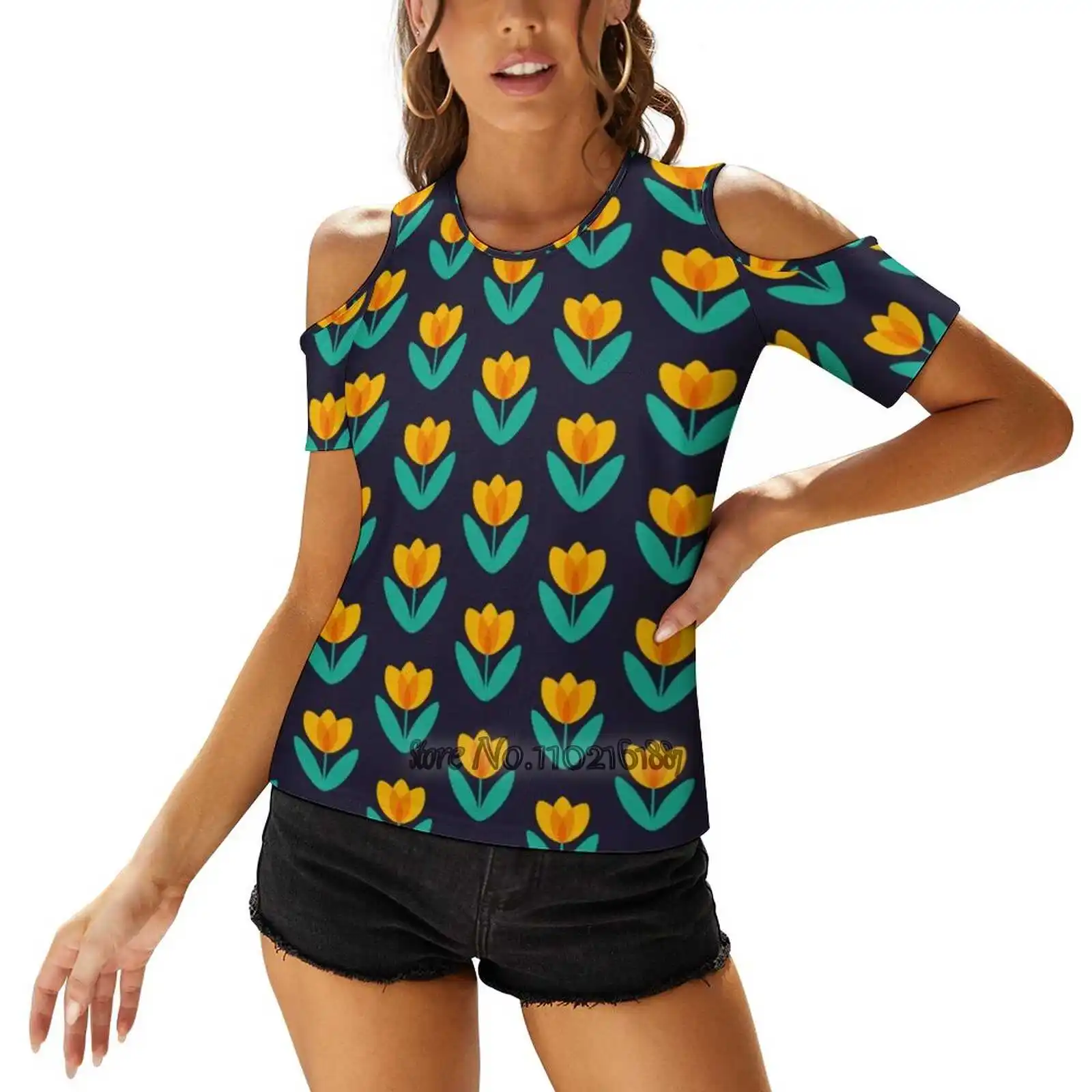 Yellow Tulip In Midnight By Suzie London Sexy T-Shirt Casual Tops One Shoulder Lacing T Shirts Korean T-Shirts Retro Tulip