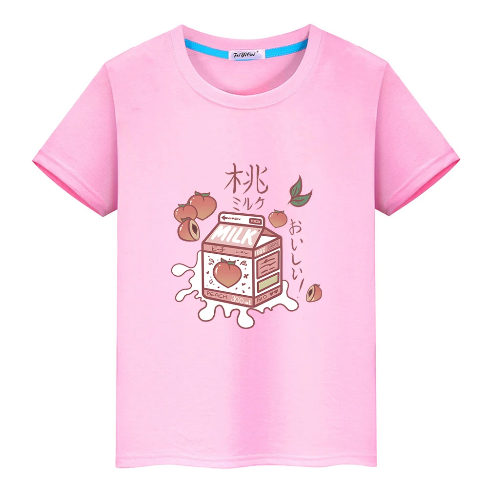 Japanese Peach Juice Cute T-shirt Kawaii Boys and Girls Cartoon Tee-shirt 100% Cotton Tees Casual Summer O-neck Soft Tshirt Kids