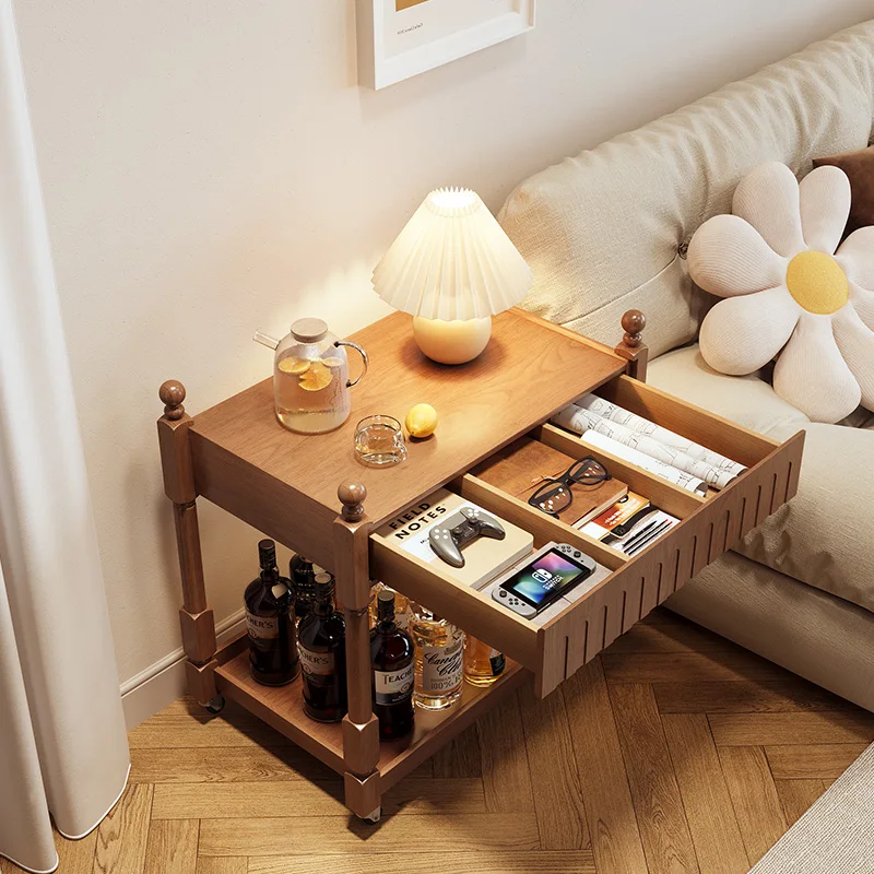 

Solid Wood Coffee Table Small Rolling Side Cabinet Sofa Bedside Organizer Drawer Storage Unit for Living Room