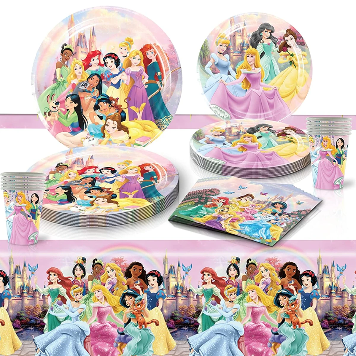 Princess  Birthday Party Paper Plates and Napkins Set Includes 40 PCS Paper Plates 20 PCS Napkins 20 PS Paper Cups 1 Tablecloth