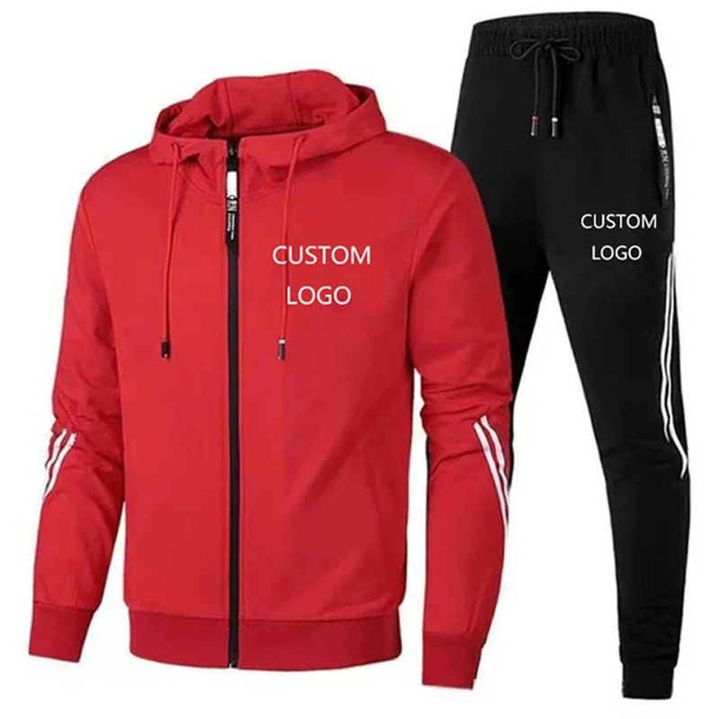 

Costom Logo Fashion Men's Tracksuit Streetwear Fashion Casual Stitching Zipper Hooded Sweatshirt + Sweatpant Male Hoodies Suit