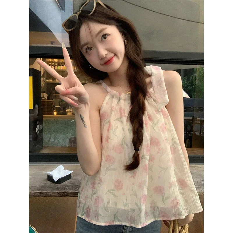 

Women Summer Fashion Temperament Printing Lacing Halter Camisole Ladies Simplicity Office Lady All-match Appear Thin Sweet Tops