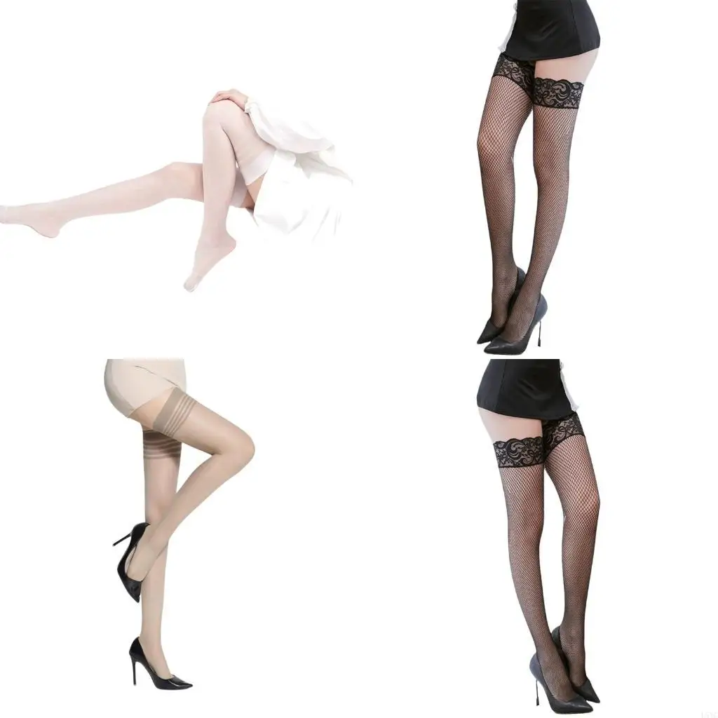 

L5YC Women's Striped Print Elastic Top Over Knee Stockings Sheer Thigh High Long Socks for Parties Cosplay and Daily Wear