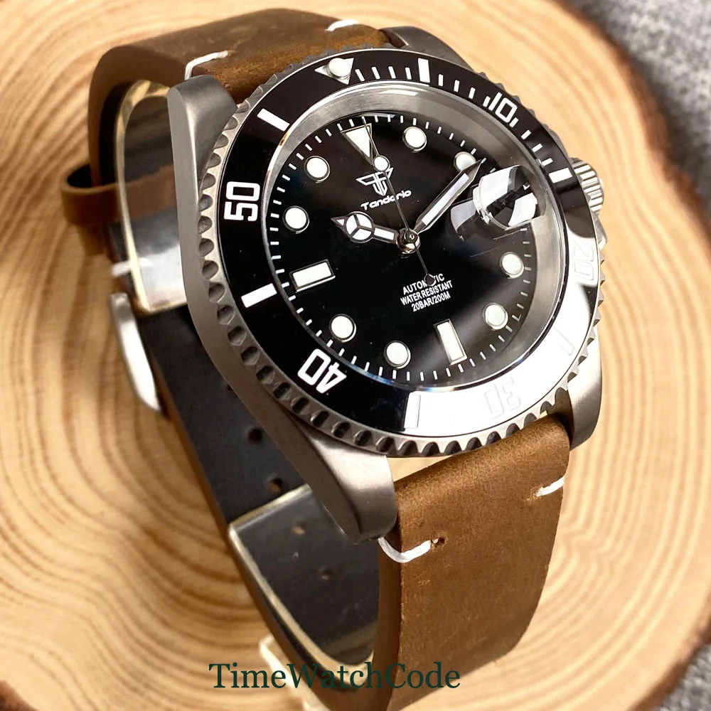 Tandorio Titanium Automatic Diver Watch for Men 40mm 20ATM NH35 PT5000 Model Sapphire Crystal Date 200m Waterproof Cowhide Strap