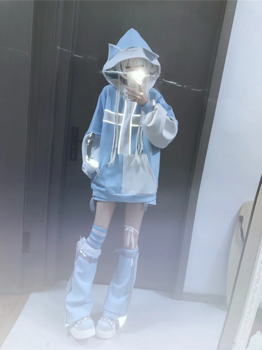 Japanese Mine Cool Girl Reflective Sports Suit Y2K Water Color System Long-sleeved Hooded Sweatshirt Hoodie and Shorts Leg Cover