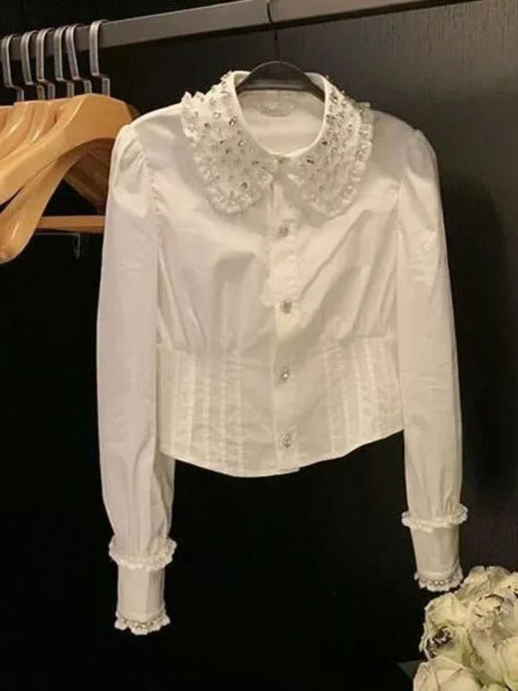 Y2K White Long Sleeve Blouse Women Vintage Loose Korean Diamond Elegant Shirts Temperament Ladies Tops 2024 Blusas Mujer De Moda