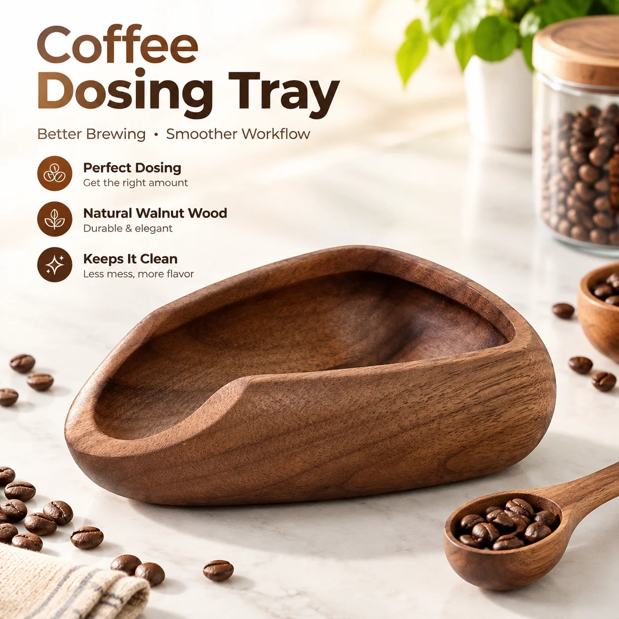 Coffee Dosing Tray in Walnut Wood with Bean Weighing Dish, Anti-Static Spray, Tea Spoon Scoop and Measuring