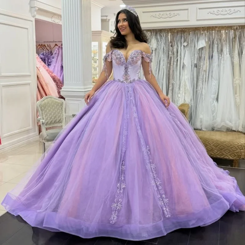 Vestidos de quinceañera morados personalizados con hombros descubiertos, apliques de lentejuelas, flor de encaje, Vestido de cola larga 15 para quinceañeras