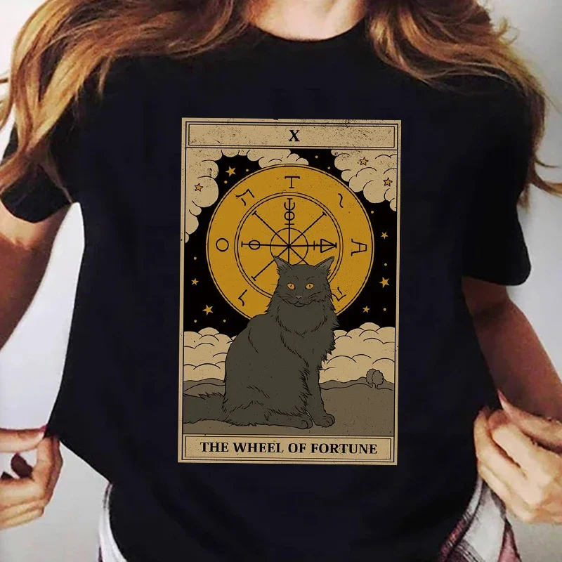 Funny Kawaii Tops Tees Ladies Tshirt 2022 The Tarot Card Cat Women T-shirt Cartoon The Magician Cats Black T shirt femme Tops