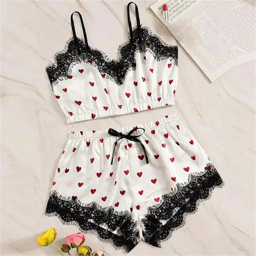 2PCS Pajama Suit Women Fashion V-Neck Stretch Satin Lace Sexy Lingerie Bowknot Pyjamas Sleep Shorts Set Sleepwear Sling Set New