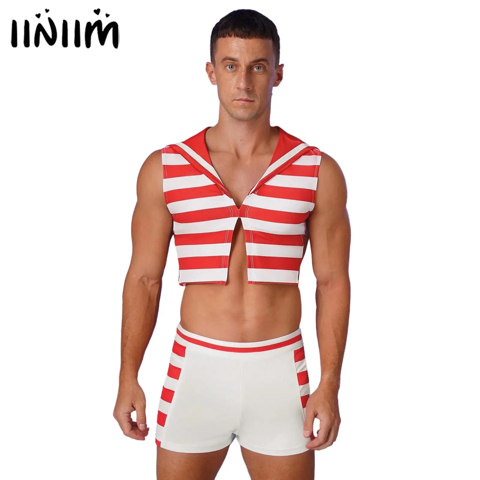 

Мужской костюм в полоску для косплея морского моряка, костюм на Хэллоуин, укороченная майка без рукавов с v-образным вырезом и шорты-боксеры, костюм из 2 предметов