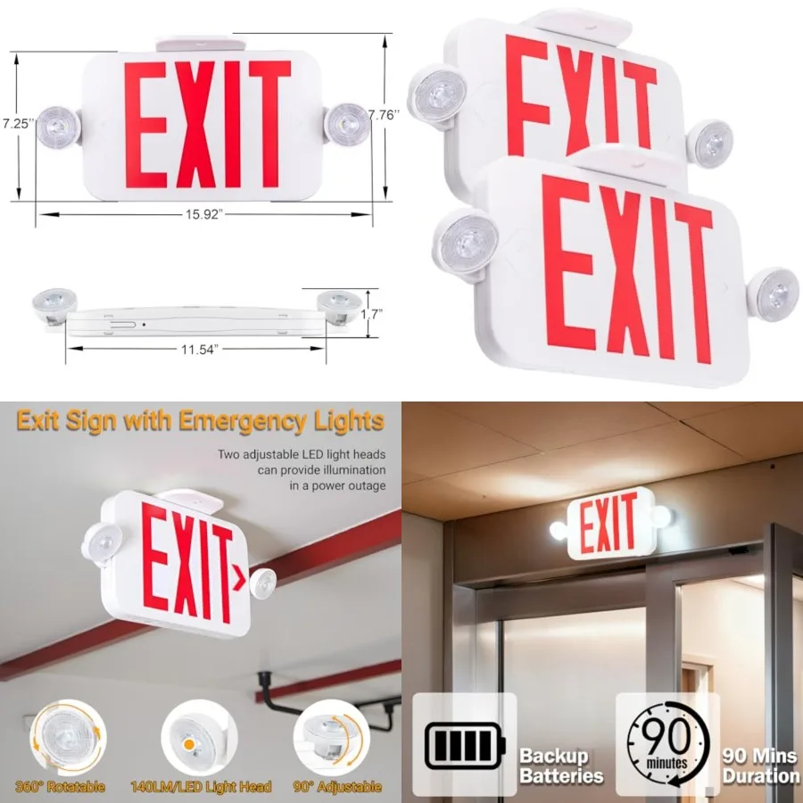 

LED Combo EXIT Sign with 2 Adjustable Head Lights and Double Face, Back Up Batteries- US Standard Red Letter Emergency Exit Lig