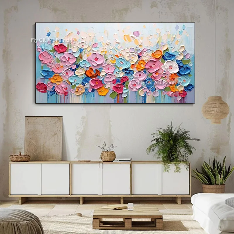 Handmade Large Knife Thick Colorful Flowers Wall Art On Canvas Abstract Blue Green Background With Florals Oil Painting Decor