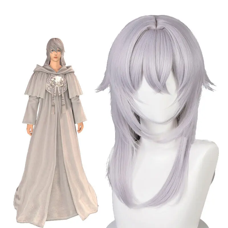 Final Fantasy XIV Themis Cosplay Wigs 52cm Women Long Sliver WhiteSynthetic Hair