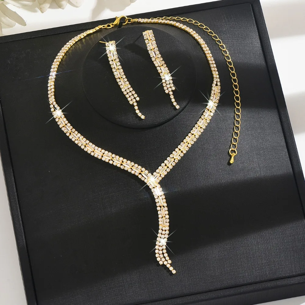 Elegant Y-Shaped Tassel Jewelry Set Luxurious Rhinestone Necklace and Dangling Earrings Retro Exquisite Necklace Earrings Set