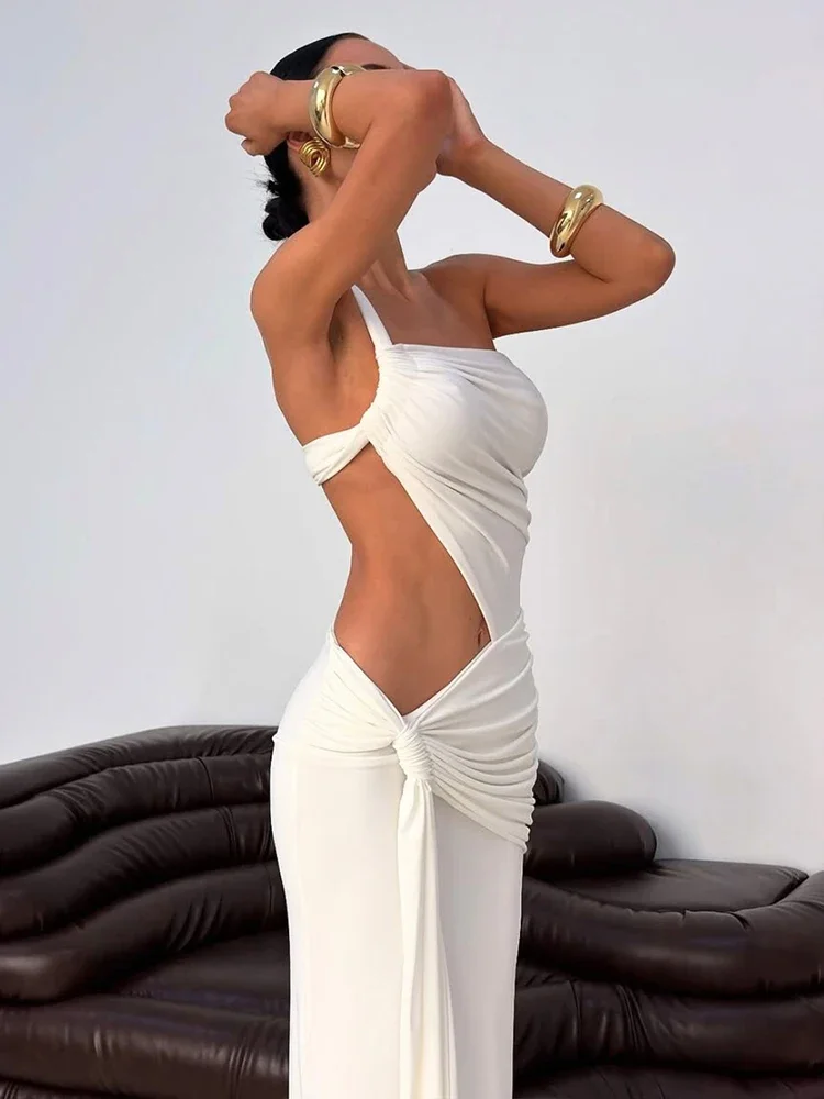 

2025 Backless Hollow Dress Women One Shoulder Irregular Pleated Solid Tassel Patchwork Midnight Clubwear Party Vestidos