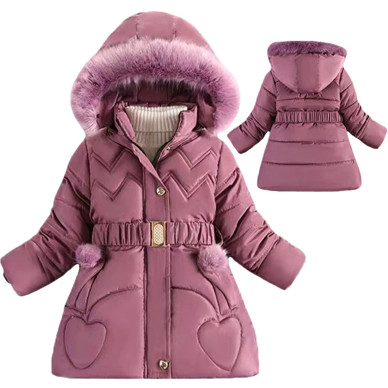 Long Teen Girls Jacket Winter Solid Color Peach Heart Print Plus Velvet Hooded Coat For 4-10Y Kids Thick Down Cotton Snowsuit