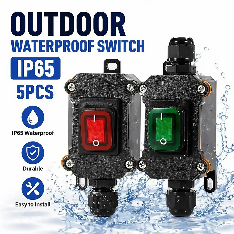

5 PCS IP65 Waterproof Inline Power Cord Switch with LED - Marine Rocker Switch & Outdoor Junction Box for 12V/24V/220V