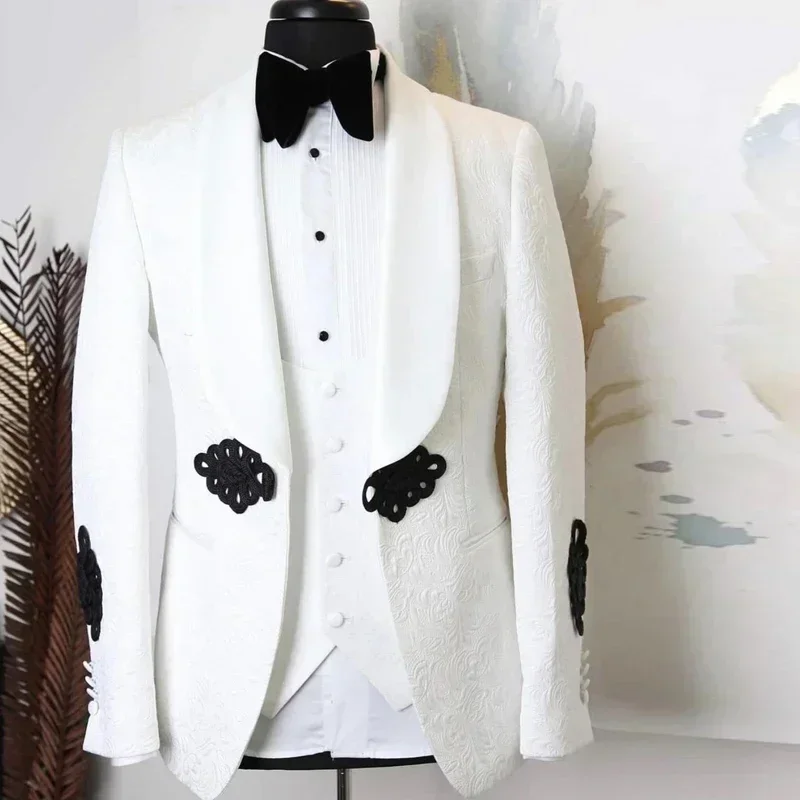 Jacquard Men's Wedding Tuxedo With Mandarin Button Slim Fit Men Suits For Groomsmen Formal Events 2 Pieces Male Fashion