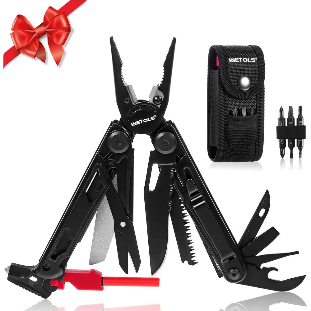 

27-in-1 Stainless Steel Needle Nose Pliers Multi-Tool with Screwdrivers, Self-Locking Feature, Compact EDC Gear for Survival, Ou