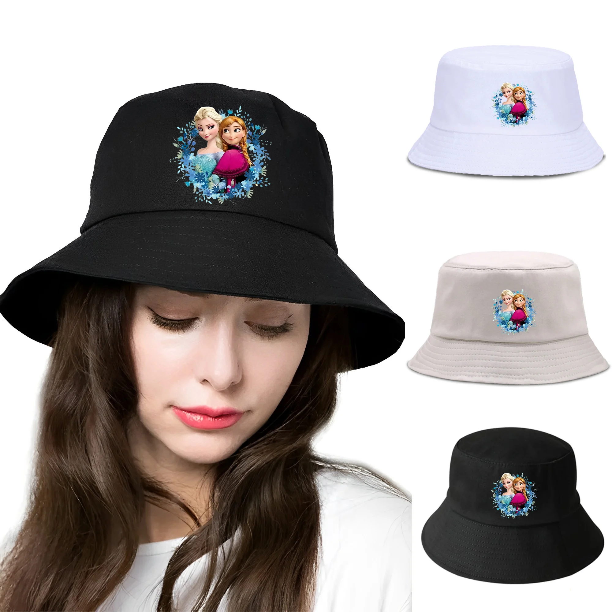 Frozen Anna Elsa Cotton Foldable Bucket Hat Unisex Women Outdoor Sunscreen Hat Girls Fishing Hunting Basin Chapeau Beach Cap