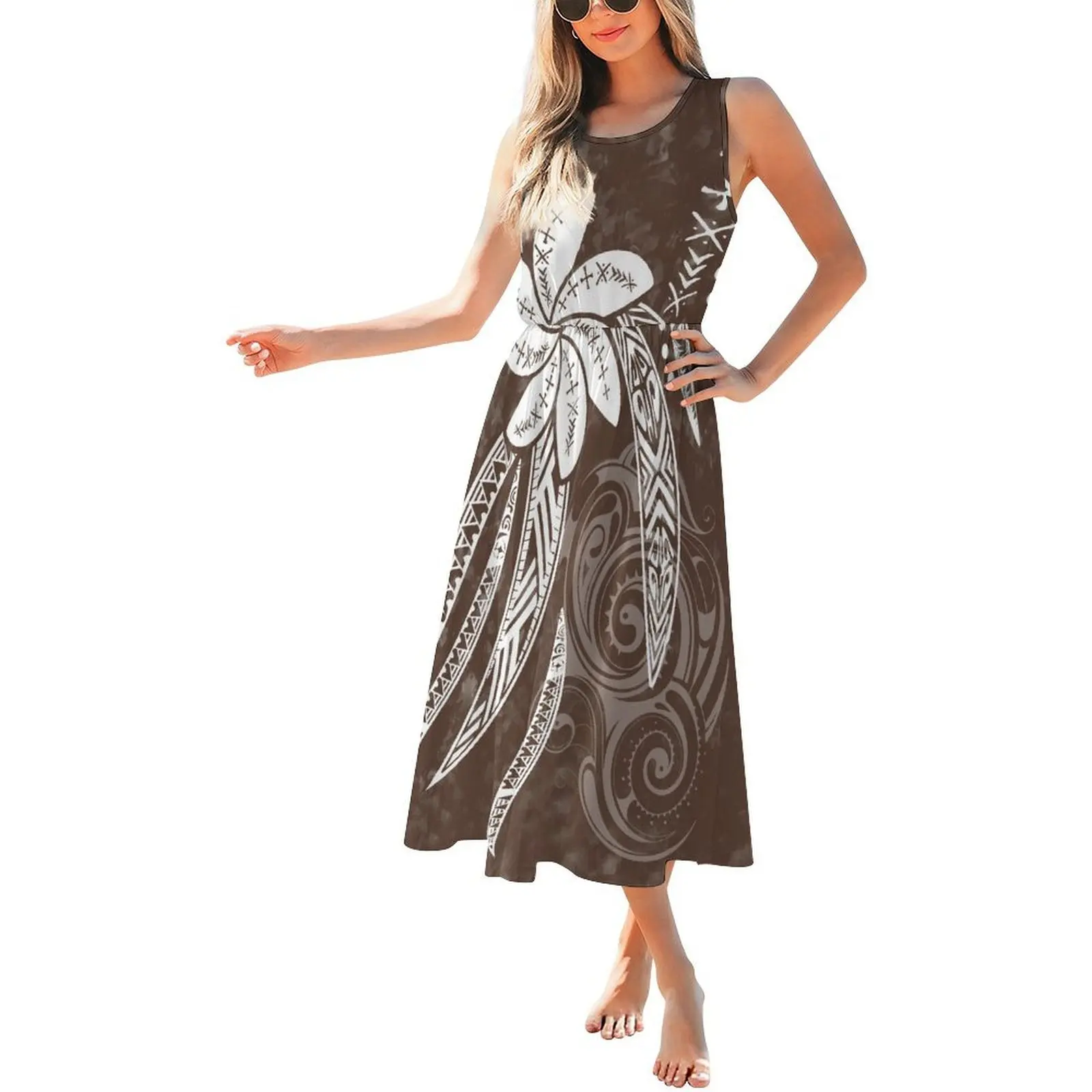 

Длинное женское платье с круглым вырезом без рукавов и завязанной талией, полинезийское летнее свободное платье на заказ, узор