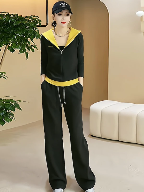 

High-End Slimming Black Sportswear Set for Women Summer 2026 Casual Wide Leg Pants Hoodie Two-Piece Suite Brand New Style