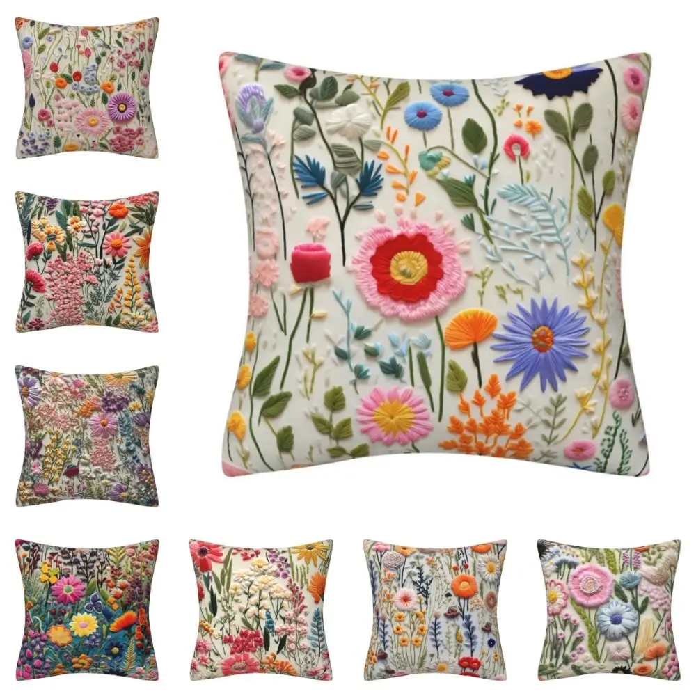 3D Embroidered Cushion Covers Single Sided Linen Throw Pillow Covers Flower Pattern 45 x 45 Square Sofa Pillow Case