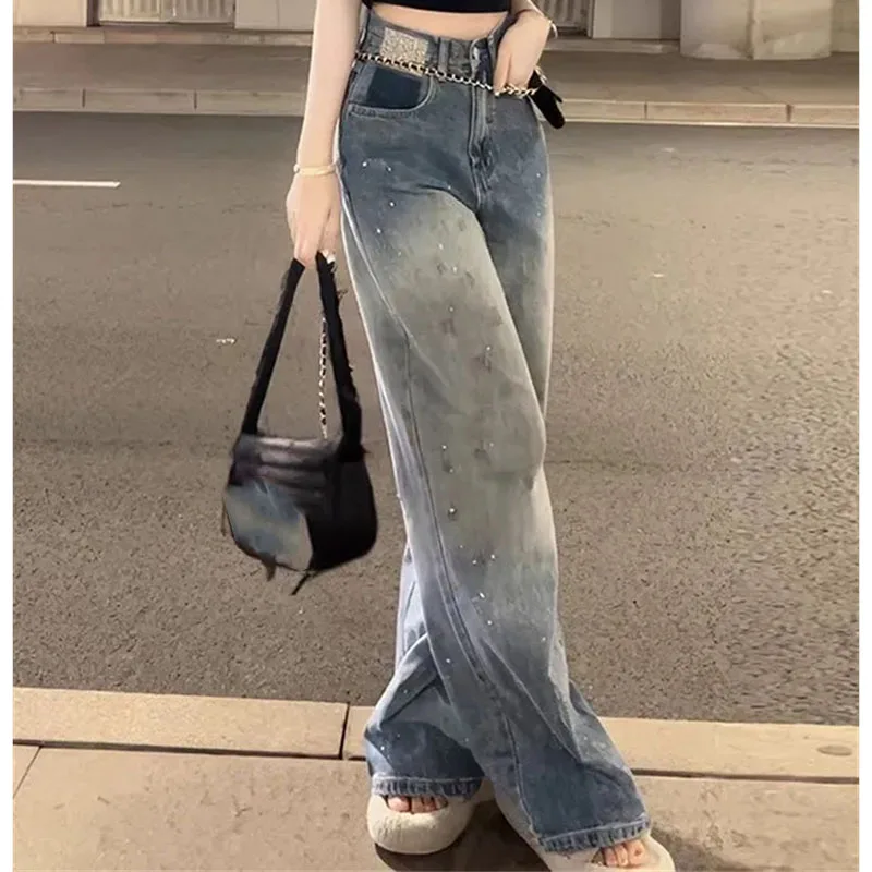 2025 Dames Hoge Taille Wijde Pijpen Jeans Lente Herfst Femme Losse Rechte Denim Pantalons Amerikaanse Vrouwen Gradiënt Cowboybroek