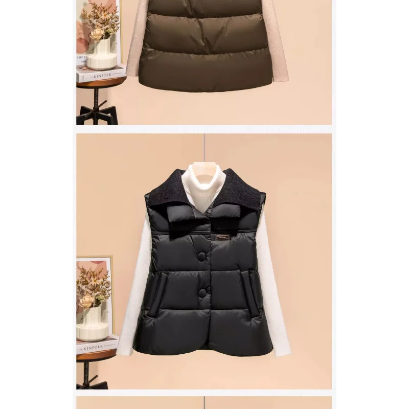 Gilet in cotone da donna con risvolto lavorato a maglia autunno e inverno senza maniche con tasca con bottoni