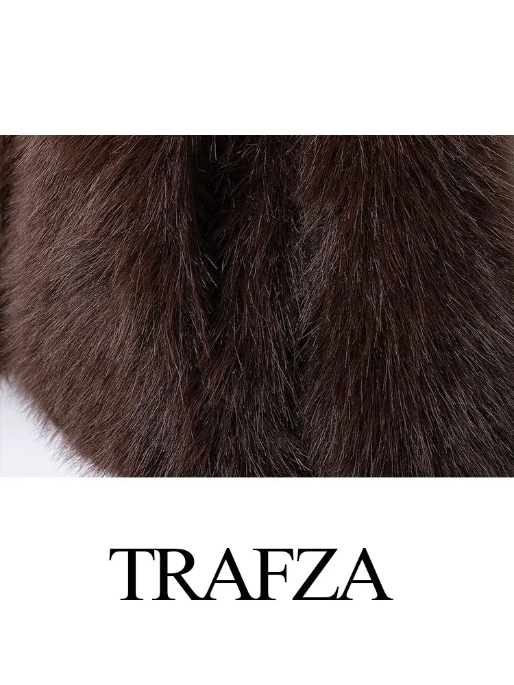 TRAFZA Women Winter Warm Coat Faux Fur Jackets Woman Elegant Brown Casual Loose Long Sleeves Buttons Turn-Down Collar Outerwear