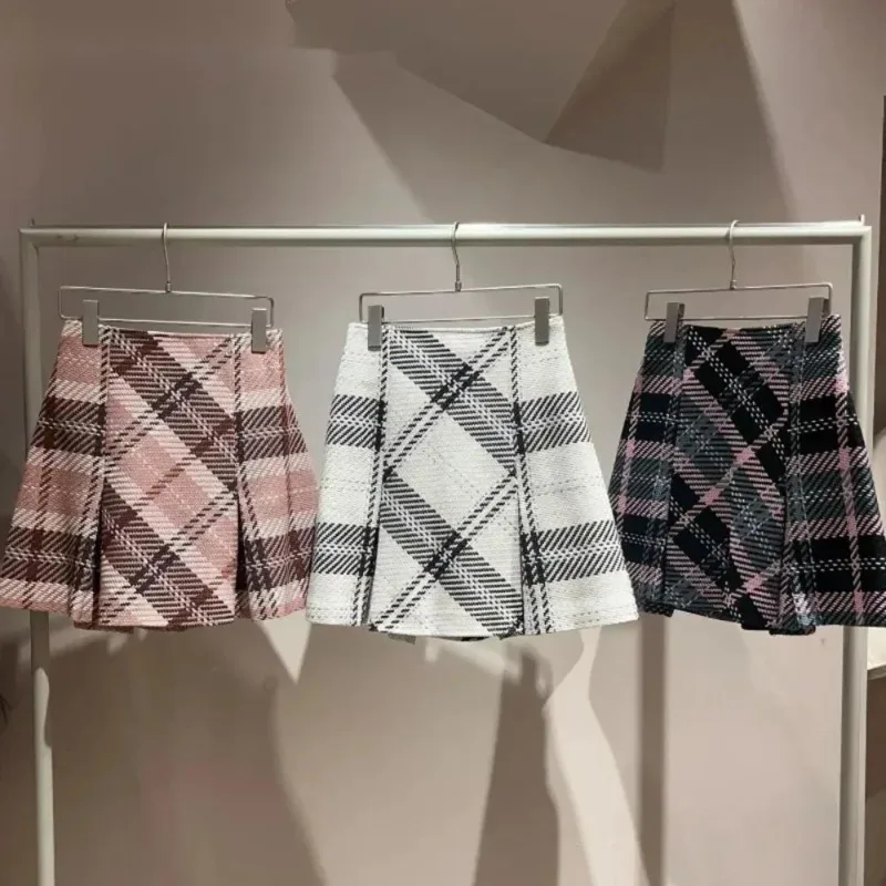 Luxury Personalize High Waist Faldas Contrast Color Plaid Slim Mini Skirt Woman Flare 2024 Autumn New Fashion Japan Ruched Skirt