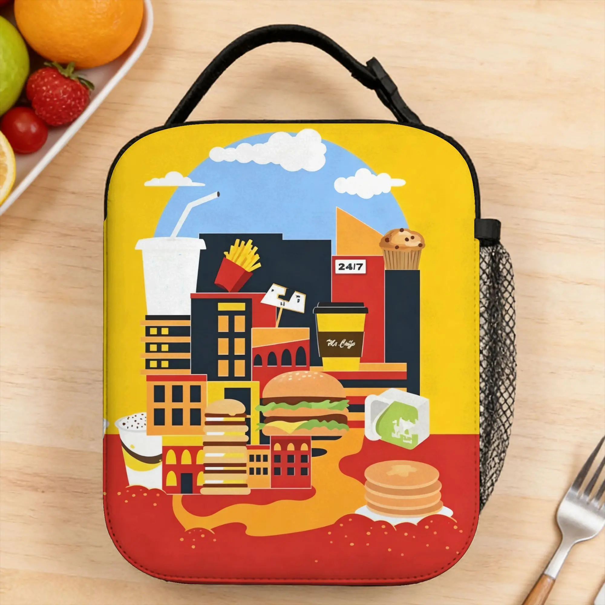 Lunch Bag Fries And Burger Cityscape Illustration School Lunch Box For Child Portable Insulated Print Thermal Tote Handbags