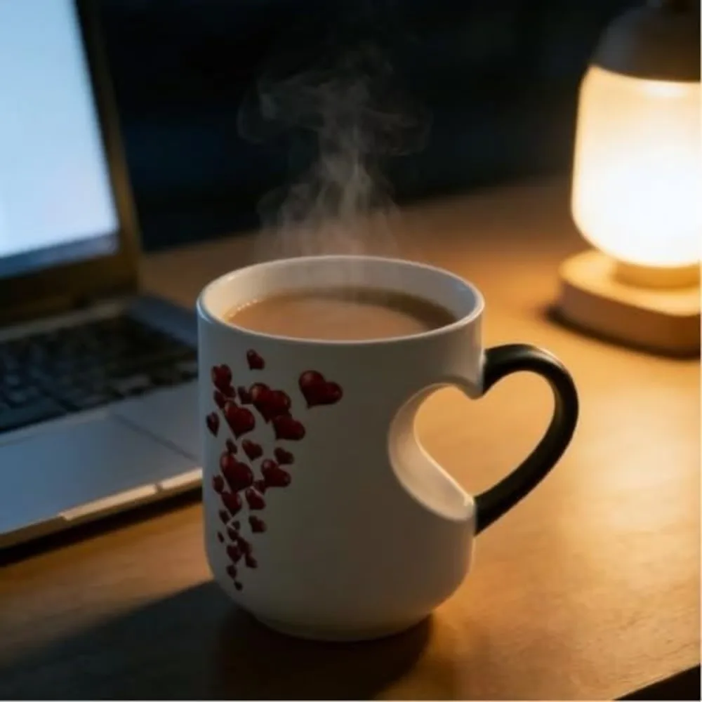 Romantic Ceramic Color Changing Mug Heart-Shaped Thermochromic Reveal Coffee Mug 11oz Coffee Cup for Home&Office