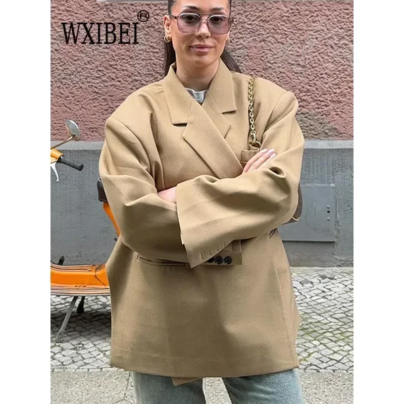 Casual Blazer Coat Women Oversized Double Button Notched Side Slit Jacket Female 2024 Autumn Office Shoulder Pads Lady Tops