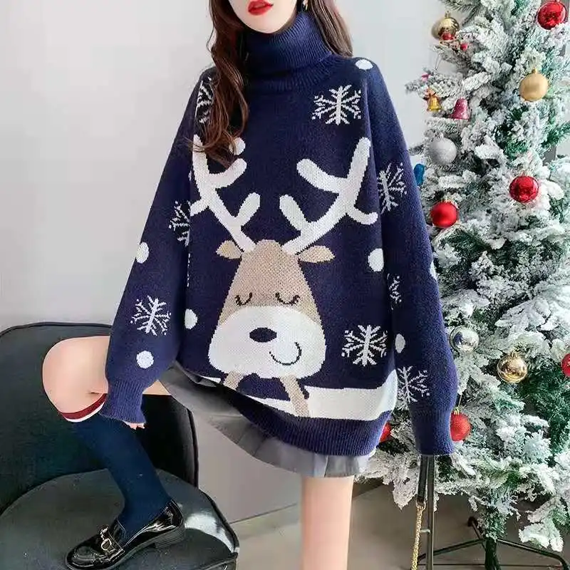 Women Y2k Fashion Jacquard Knitted Pullovers Autumn Winter Christmas Turtleneck Thick Sweaters Vintage Loose Jumper