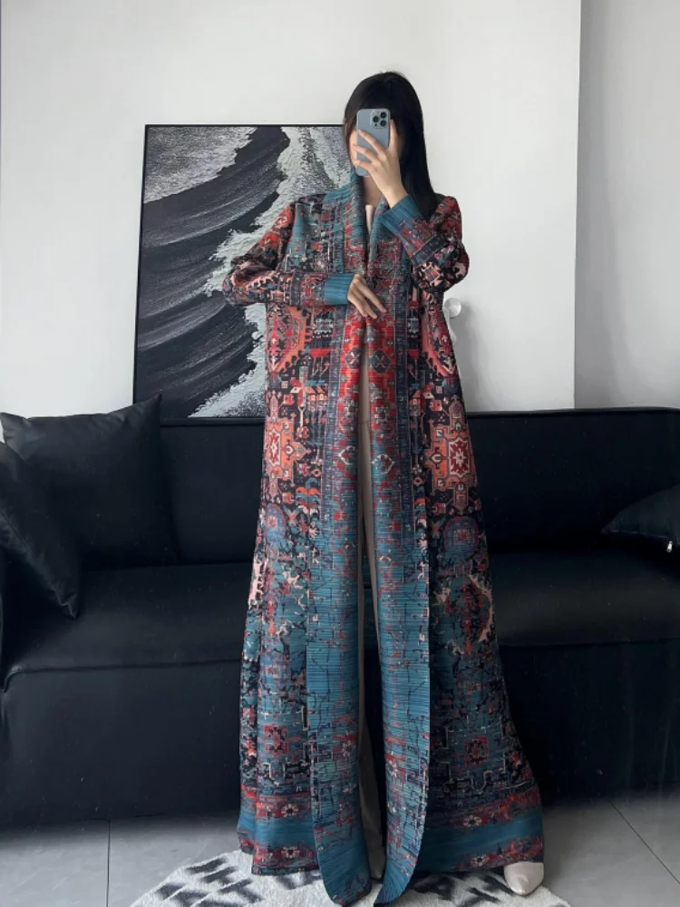 

Abaya Long Trench Coat Miyake Women's Summer Style Elegant Wrinkled Loose Large Size Printed Middle East Cardigan Robe Tide